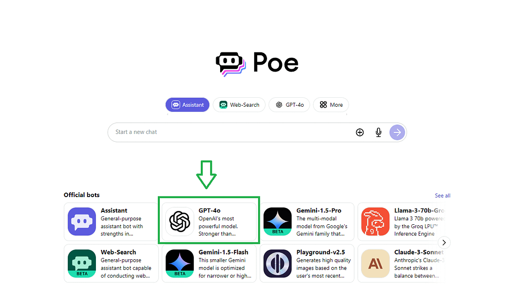 Model list on Poe dashboard with GPT-4o highlighted - GPT-4o tunisia